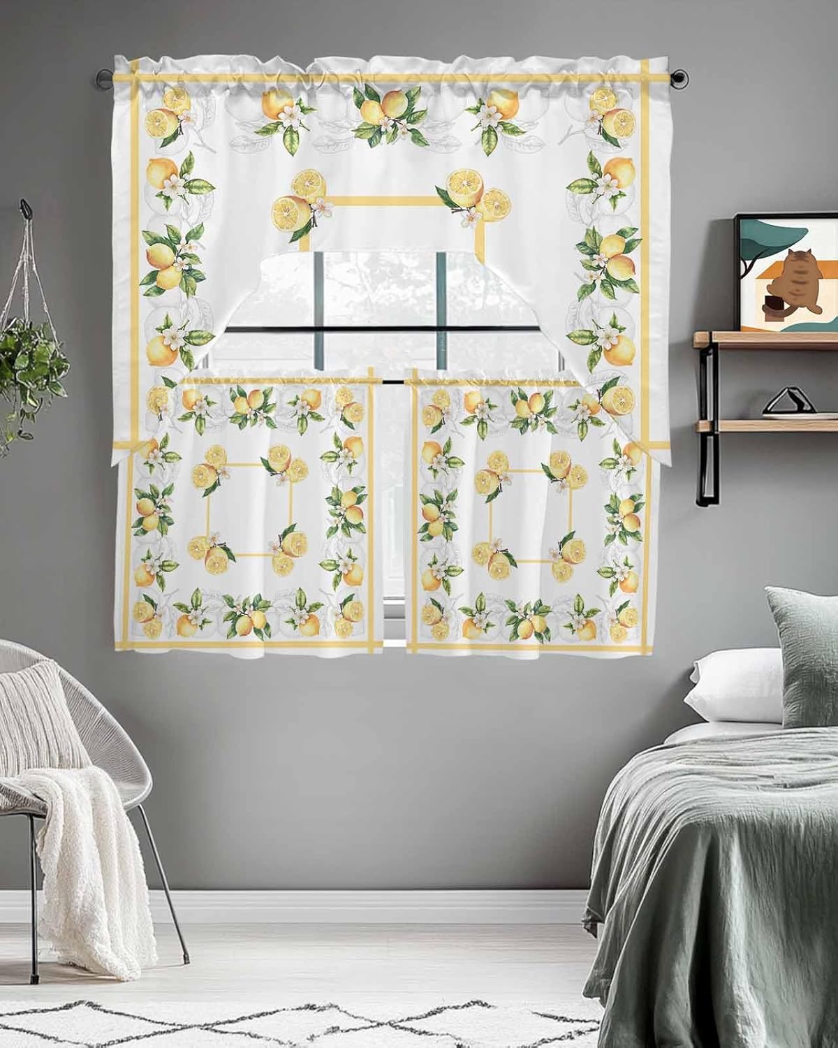 Lemon Watercolor Swag Kitchen Curtain Sets with Valance, 3 Pieces Rod Pocket Curtain Drapes for Bedroom Living Room Bathroom Cafe Windows, Summer Fruit White Green 56''x36'' & 24''x27.5''x2Panels