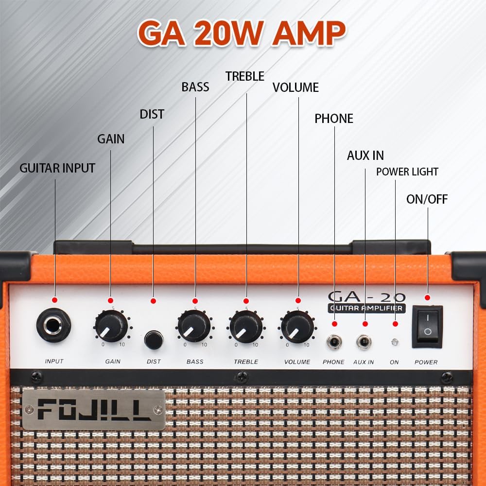 Fojill 20W Watt Electric Guitar Amplifier Amp Practice Small Portable Travel Mini Amp with 3.5 Headphone Jack Aux Distortion Gain Treble Bass Volume (Orange, 20W)