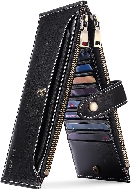 GOIACII Purses for Women, Genuine Leather RFID Blocking Ladies Wallet with Multiple Credit Card Holder Zipper Coin Purse Phone Handbag
