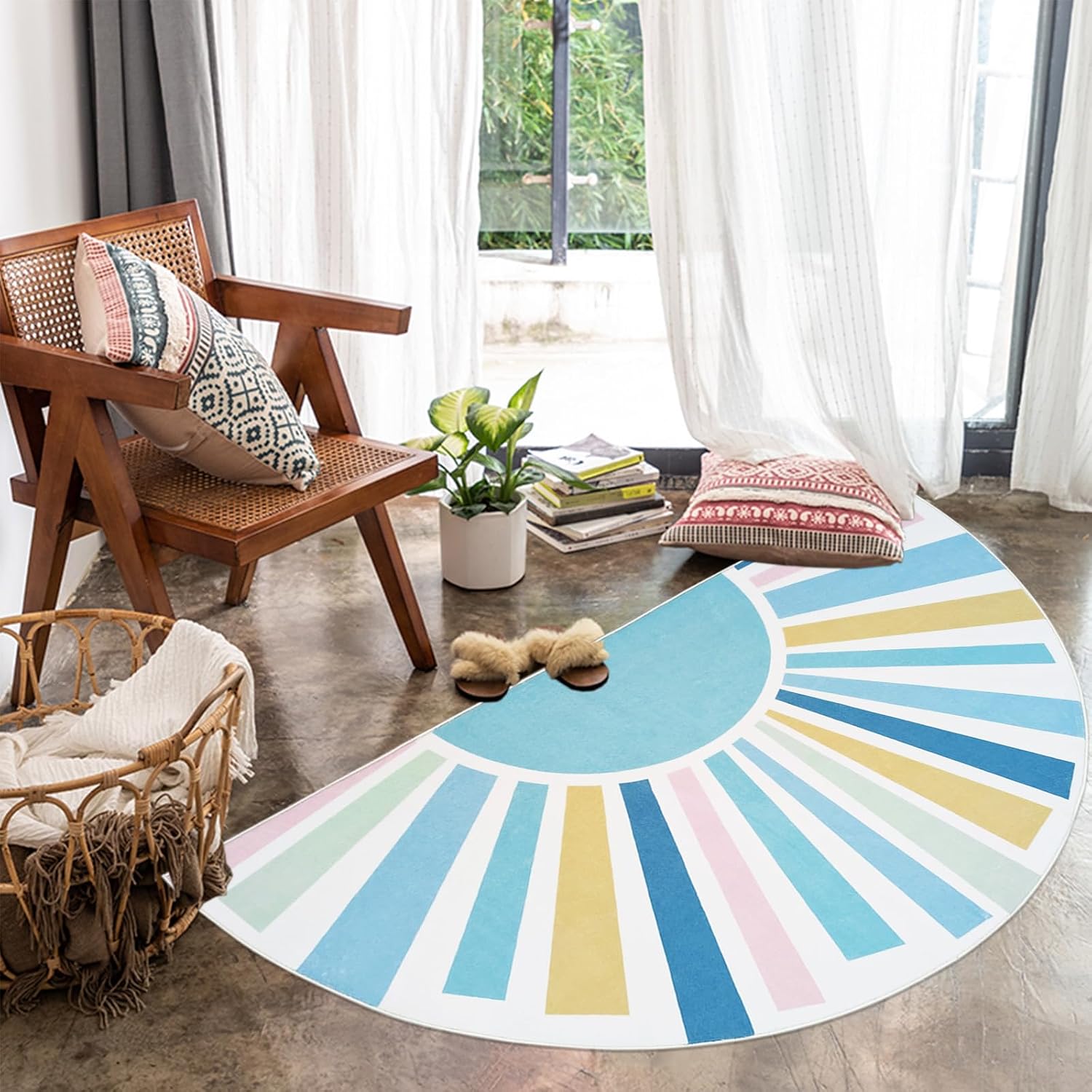 Half Circle Boho Sun Rug 2.6x5Ft Half Round Kids Play Mat for Bedroom Playroom, Semicircle Carpet for Boys Girls Nursery Mat Classroom Living Room Decor, Half Moon Doormat, Blue