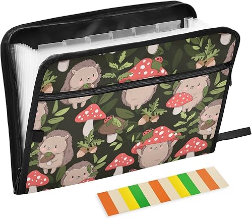ZZKKO Carpeta de archivo expandible de 13 bolsillos, lindo erizo y hongos con etiquetas adhesivas, carpeta de archivos de acordeón, organizador de
