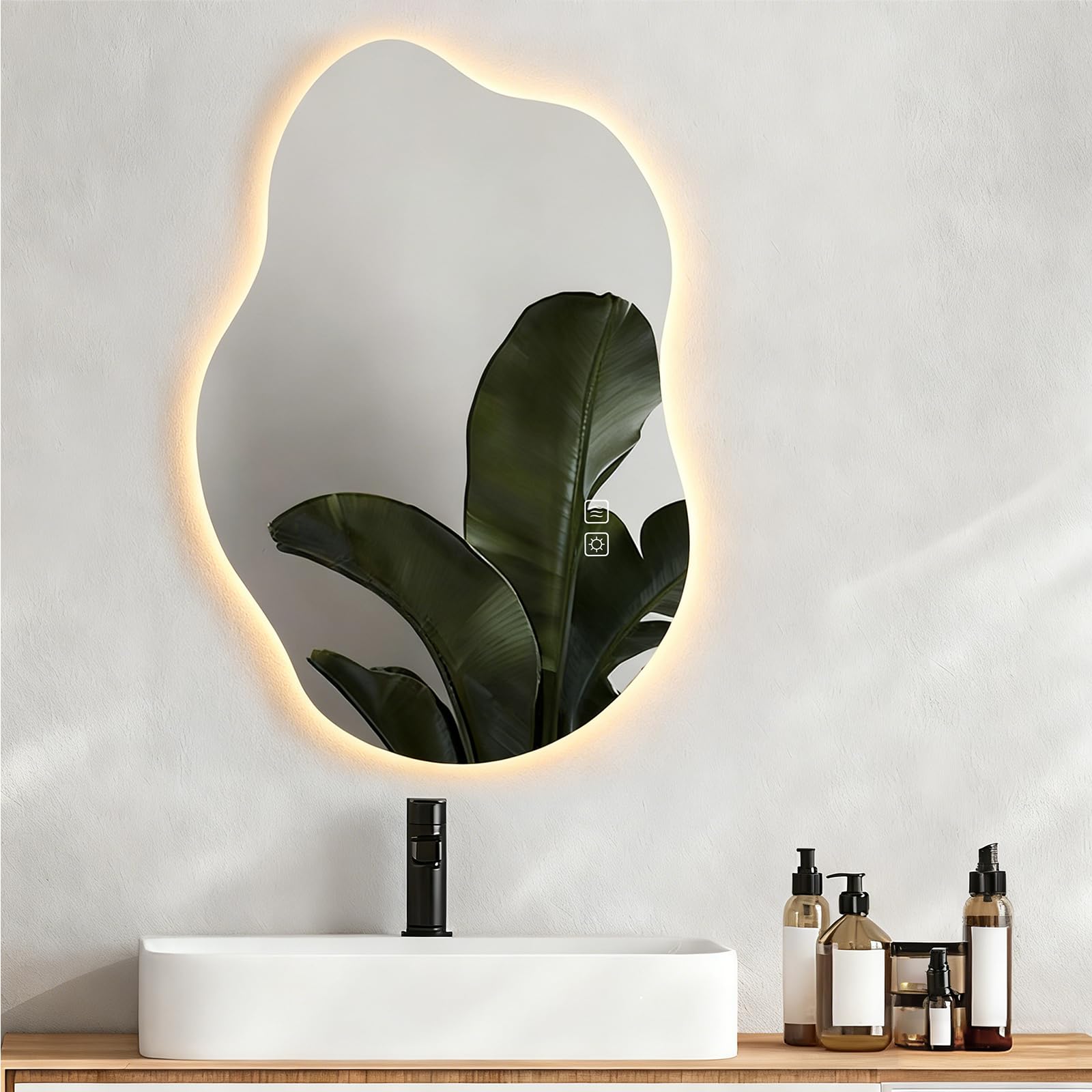 SANYCASA Intelligenter Badezimmerspiegel 80x55cm mit LED, Anti-Beschlag, bruchsicher, dimmbar, 3 Farbtemperaturen, asymmetrisch (horizontal/vertikal)