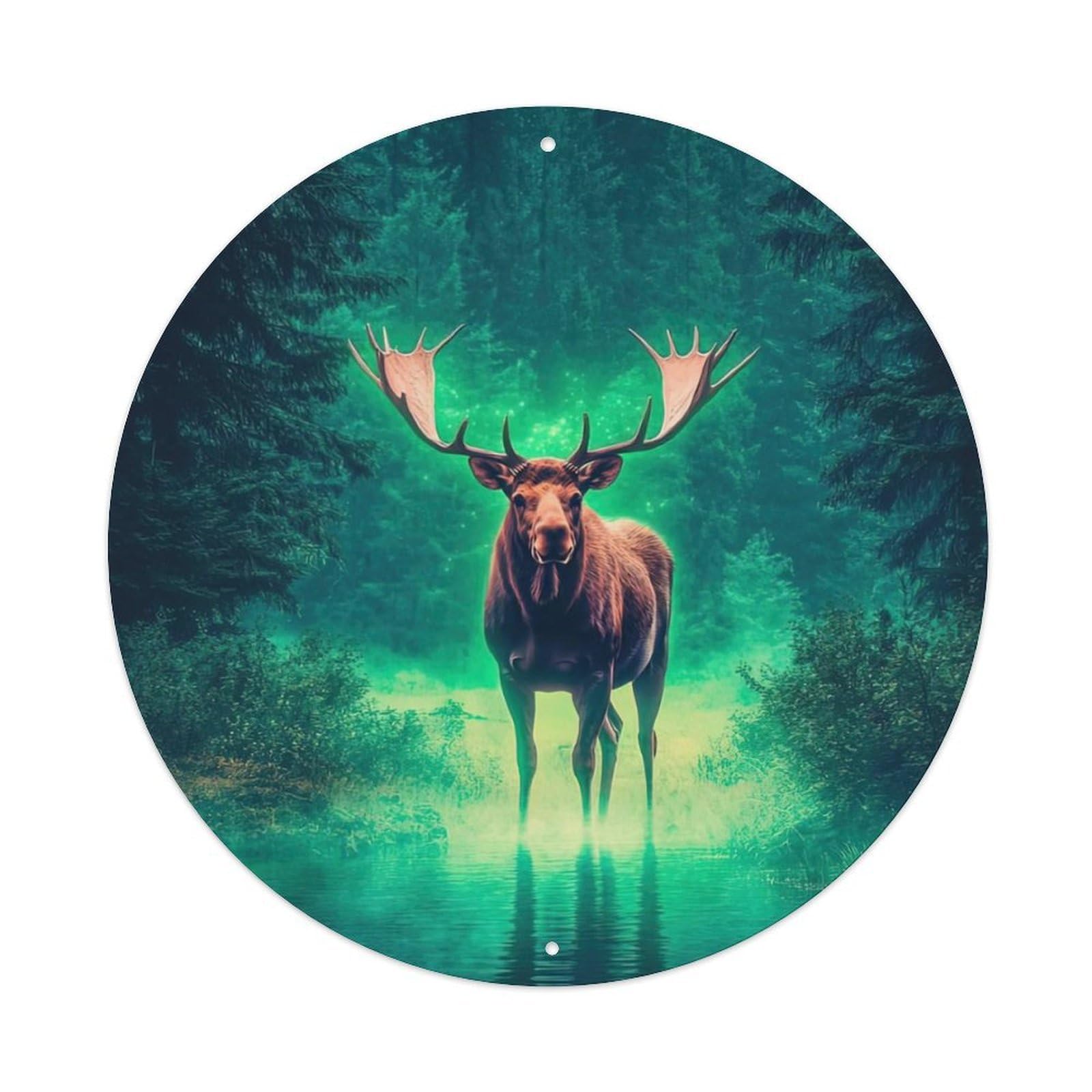 Animal Artwork Glowing Moose by The River Vintage Metal Tin Sign Plaque Wall Decor for Cafe, Club Bar, Office, Garden Metal Poster 8x8Inch