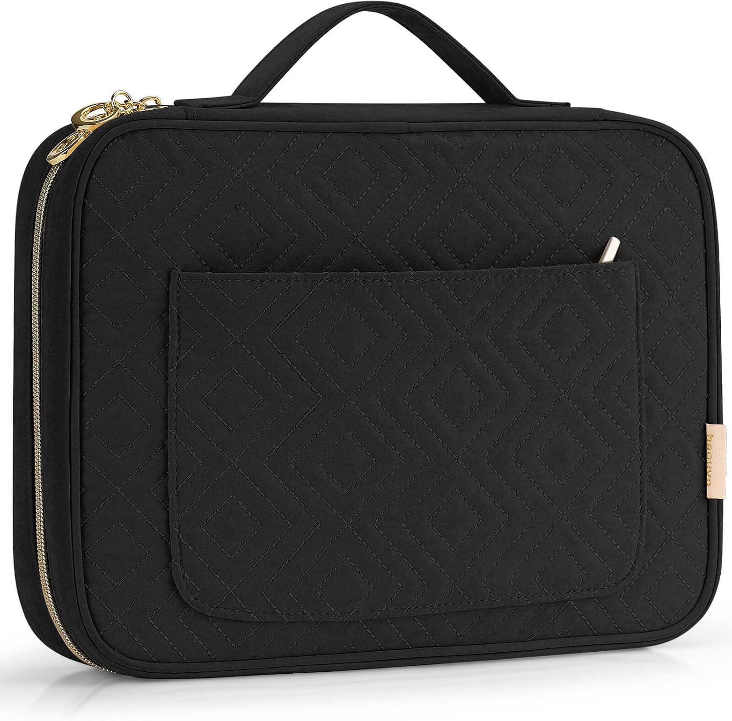Heouvo Bible Covers for Women, Quilted Cotton Book Carrying Case with Pockets/Handle, Protective Large Size Zippered Bible Bags, Great for Bible Study/Daily Use, Perfect Gift for Women Girls (Black)
