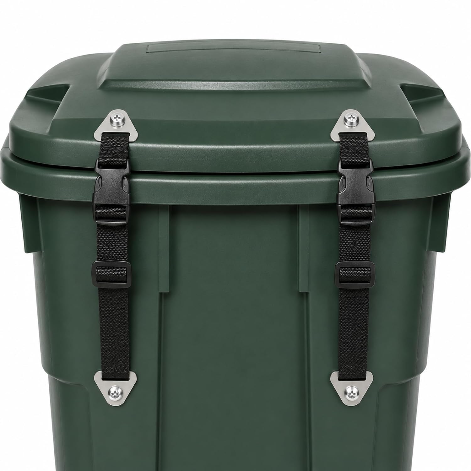 4 Pack Garbage Can Locks for Animals, Drill-Mounted Lid Straps | Adjustable quick-release straps with bolt-on hardware; drilling required. Helps secure lids from raccoons, pets and wind.