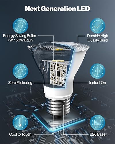 Miniatura 4 de Sunco - Paquete de 4 bombillas LED PAR20 50 W equivalente a 7 W regulables, CRI90 6000 K luz diurna Deluxe 500 lúmenes E26 base media IP65
