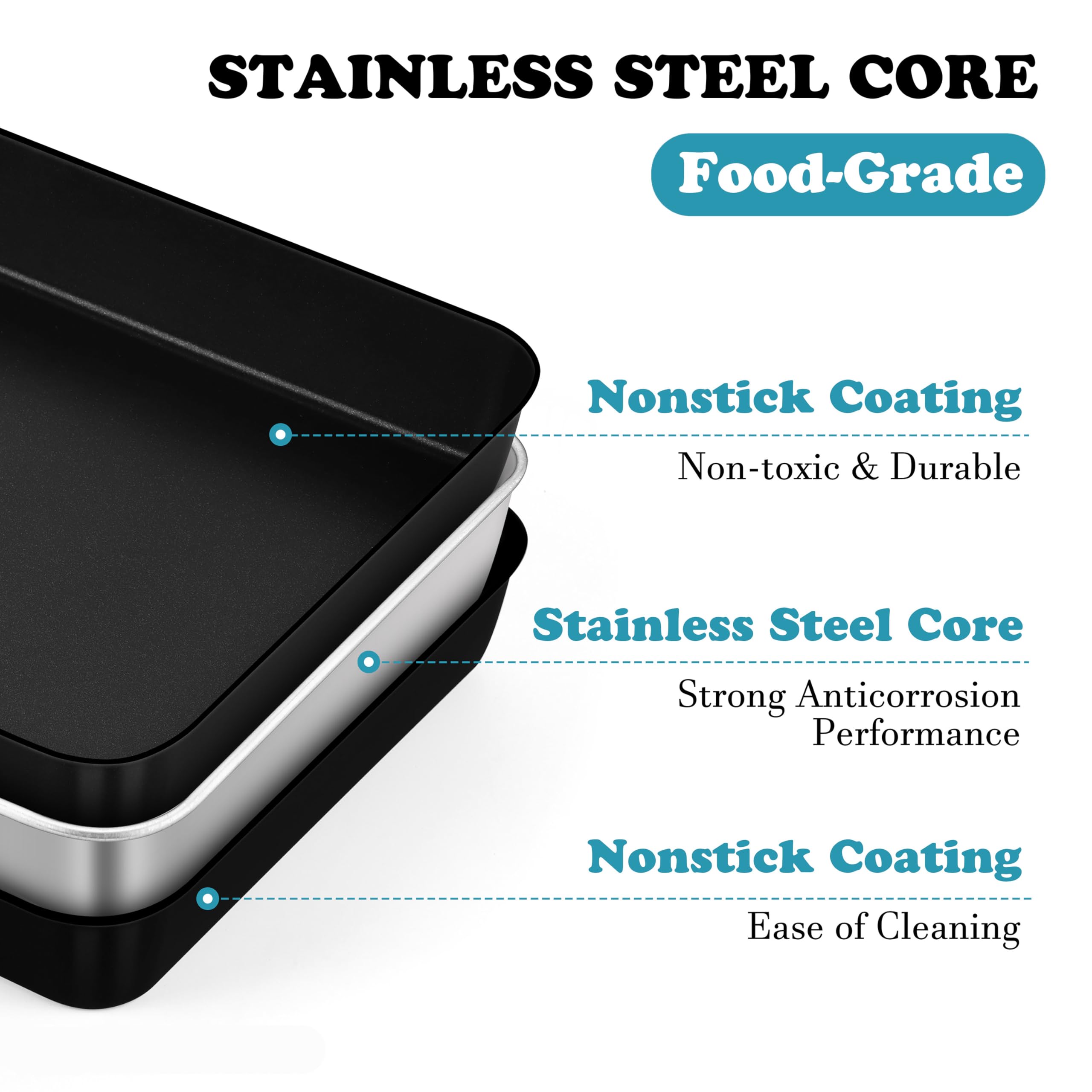 E-far Molde pequeño para hornear con tapa, molde rectangular de acero inoxidable antiadherente de 10.4 x 8 pulgadas con tapa para hornear brownies, lasaña, núcleo de acero inoxidable y revestimiento