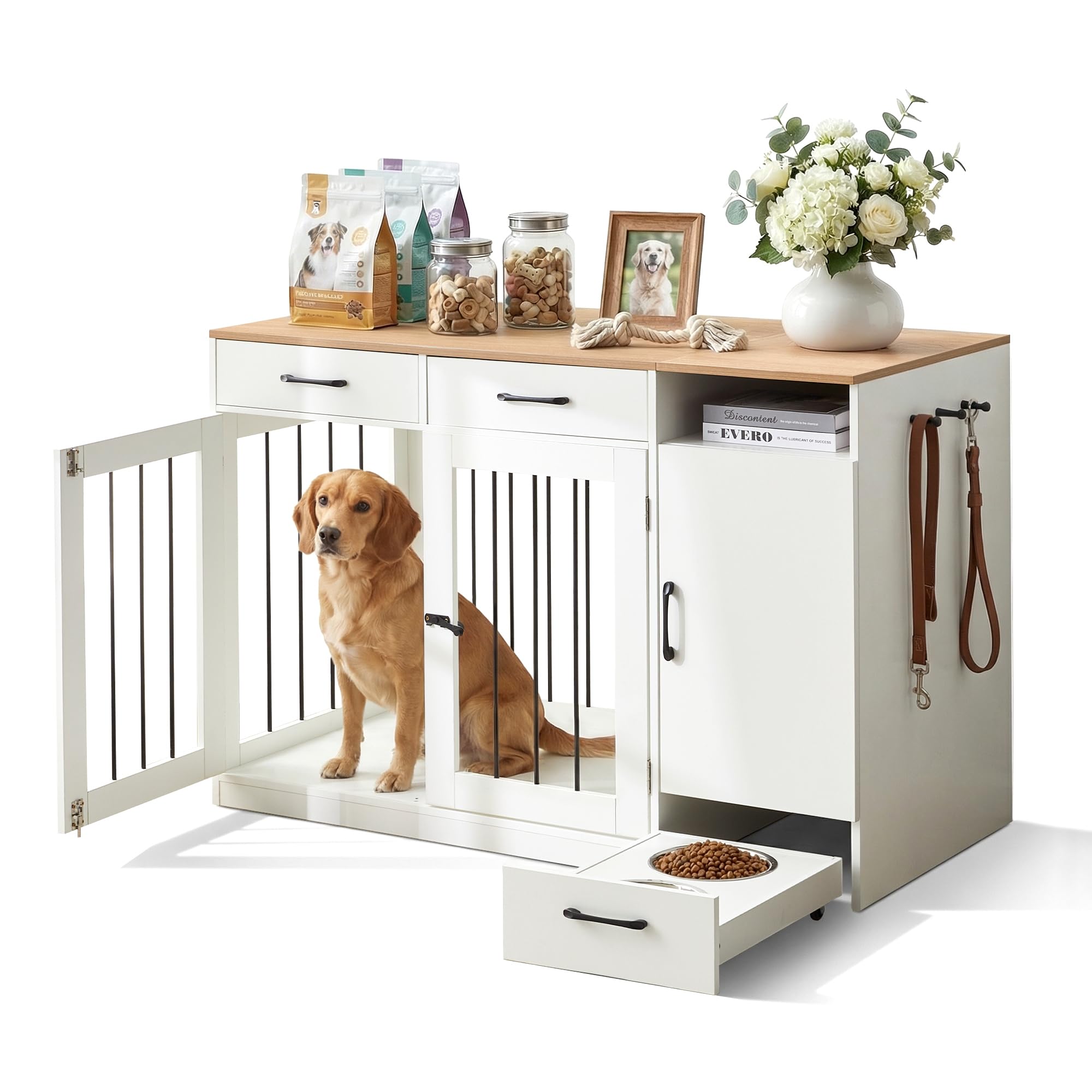 CLIPOP Hundekäfig Möbel, hundebox für zuhause, 125x60x88cm, Abschließbare Hundehütte, Moderne hundebox Holz Indoor, mit Schublade und Hundenapf, Vintagebraun und Weiß