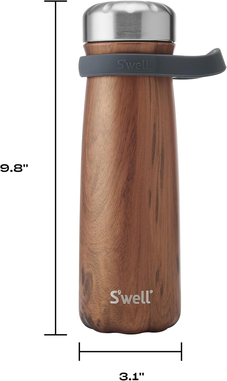 S'well Stainless Steel Traveler With Handle, 24oz, Teakwood, Triple Layered Vacuum Insulated Container Keeps Drinks Cold for 40 Hours and Hot for 16, BPA Free, Easy Carrying On the Go