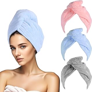Paquete de 3 toallas de microfibra, turbantes y toallas envolventes para todo tipo de cabello, antiencrespamiento (azul ci...