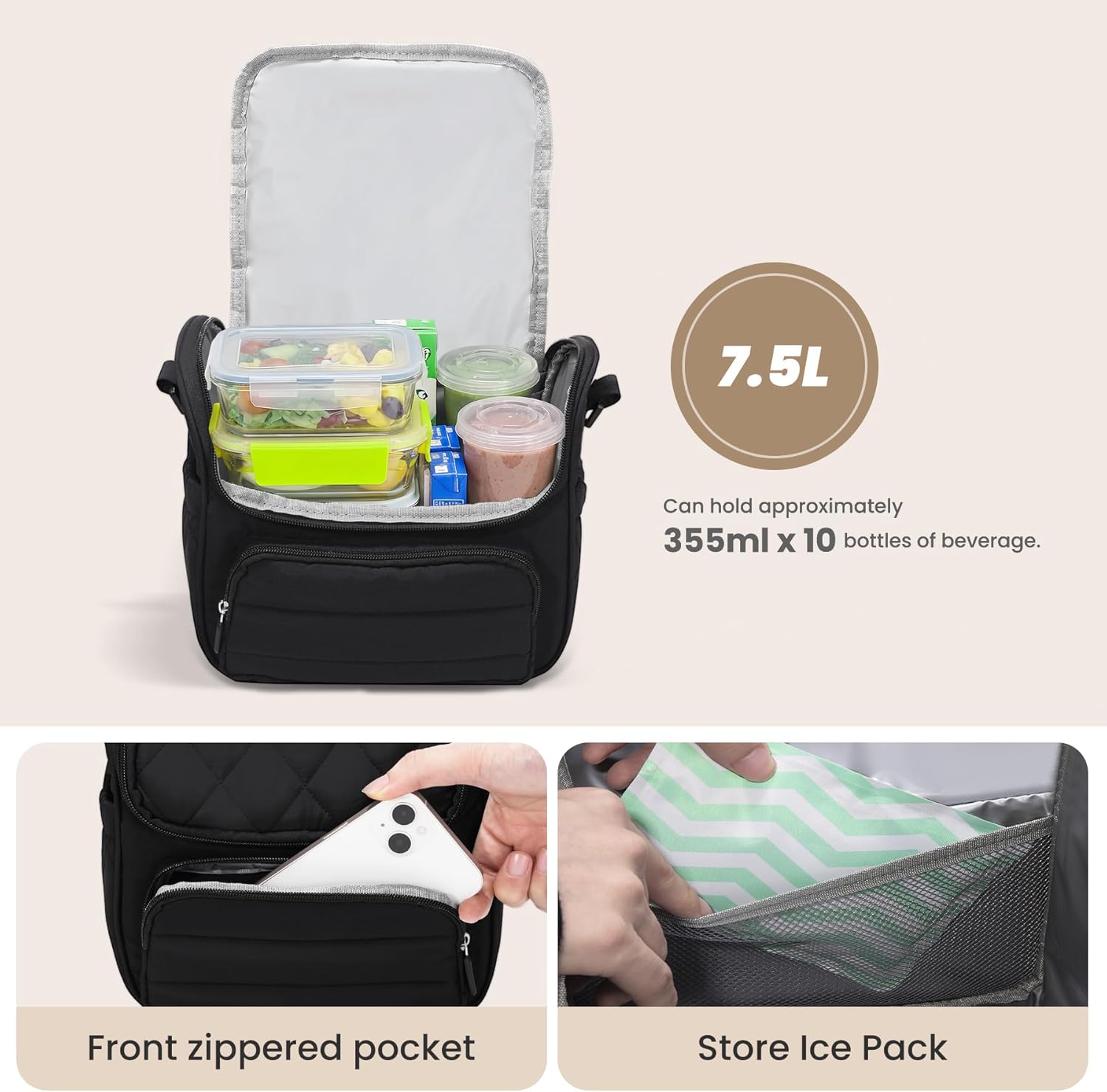 Insulated Lunch Bags for Women, Cute Quilted Lunch Box, Lightweight Puffy Padded Waterproof Lunch Tote, Reusable Lunch Cooler for Work Picnic Travel