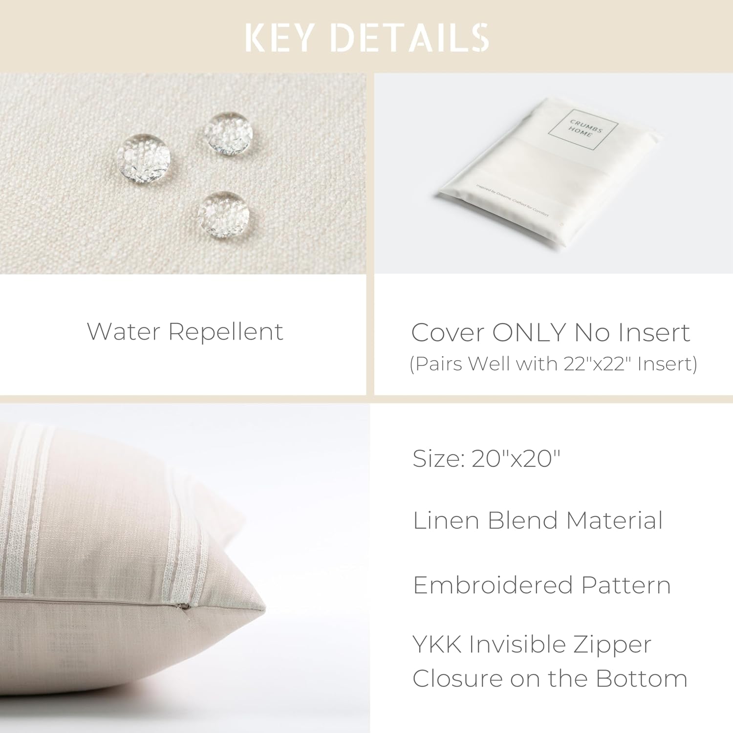 Crumbs Home Modern Farmhouse Fall Linen Indoor Outdoor Throw Pillow Cover Only, 20"x20" Water Repellent for Patio, Backyard, Couch, Neutral Beige Vertical Stripes