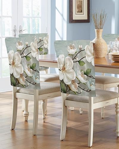 Paquete de 6 fundas para respaldo de sillas de comedor, diseño floral, color blanco, retro, para sillas de comedor, lavables, elásticas, protector