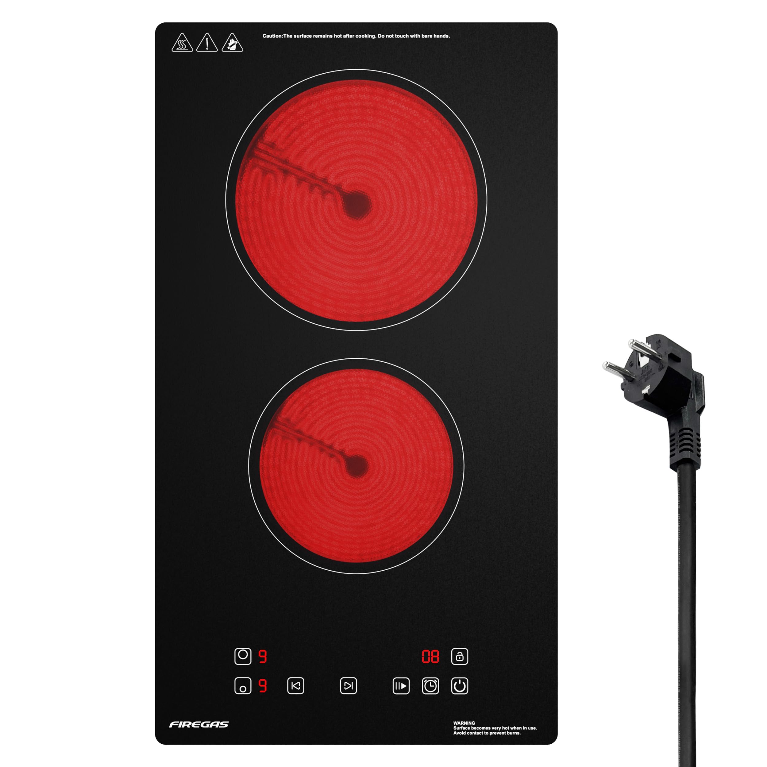 FIREGAS Placa Vitrocerámica 2 Fuegos Eléctrica 3000W, 9 Niveles, Control Táctil, Temporizador 1–99 Min, Bloqueo Infantil, Protección Sobrecalentamiento, Indicador Calor Residual, 29 cm
