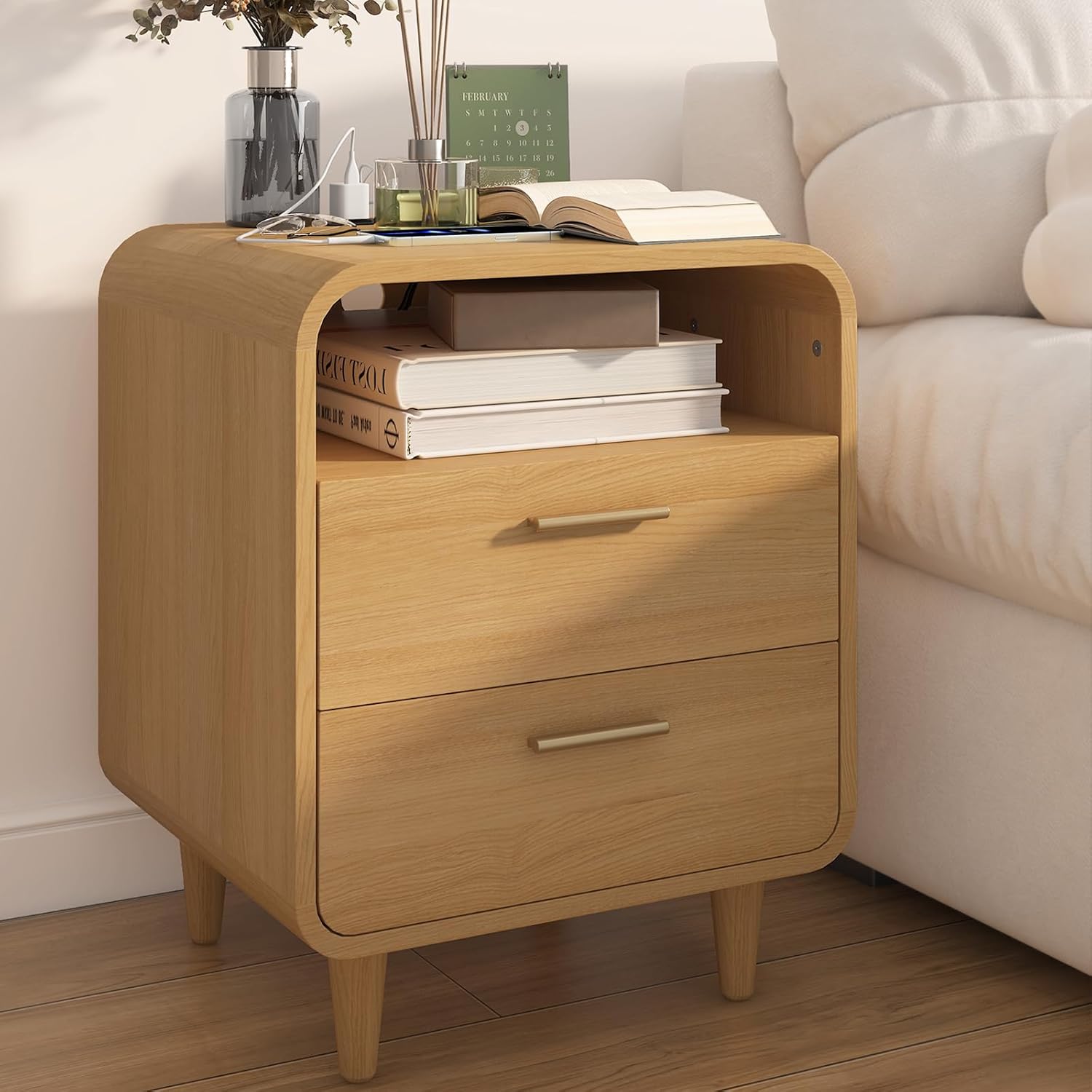 Easyego Mid-Century Modern Nightstand with Charging Station, Bedside Table w/2 Drawers and Open Shelves, Side Table and End Table for Bedroom and Living Room, Curved Design(Wood Naural) 1 Pack Wood Natural INCOMPLETE