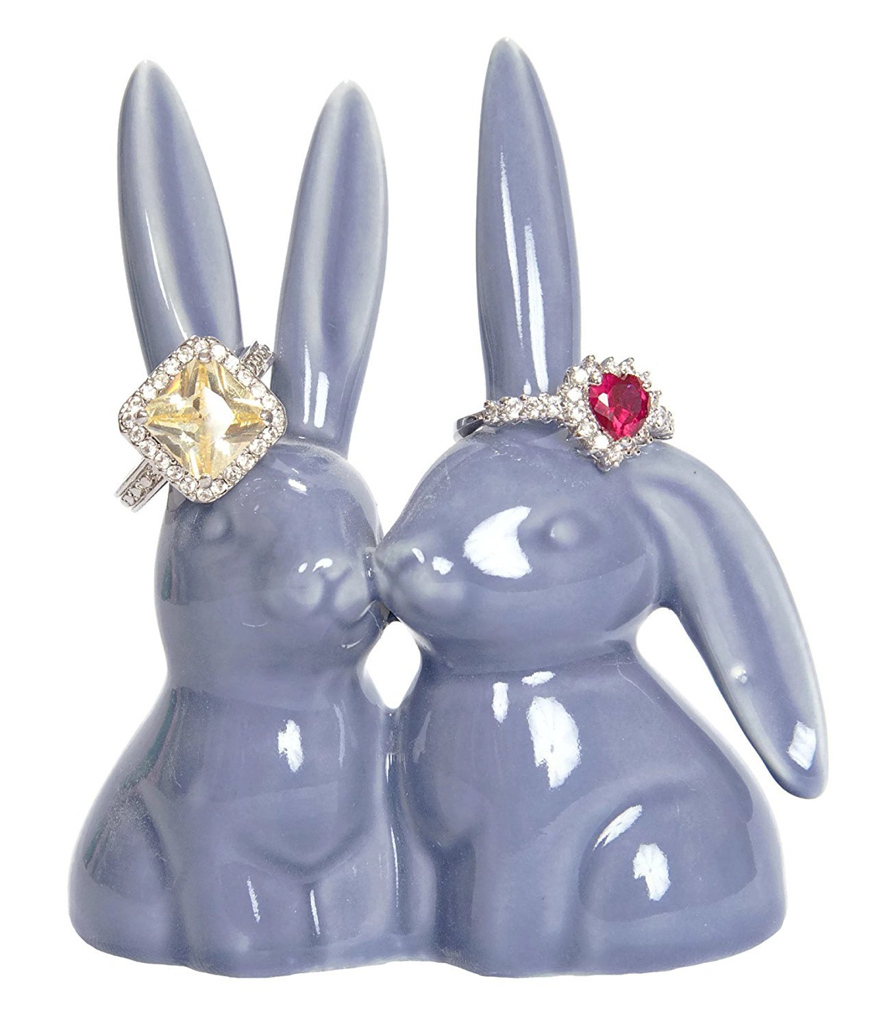 Beth Marie Luxury Boutique Bunny Rabbit Ring Holder, Purple Ceramic Engagement & Wedding Ring Holder, Measures 2.75" Wx3.25 Hx1.75 D