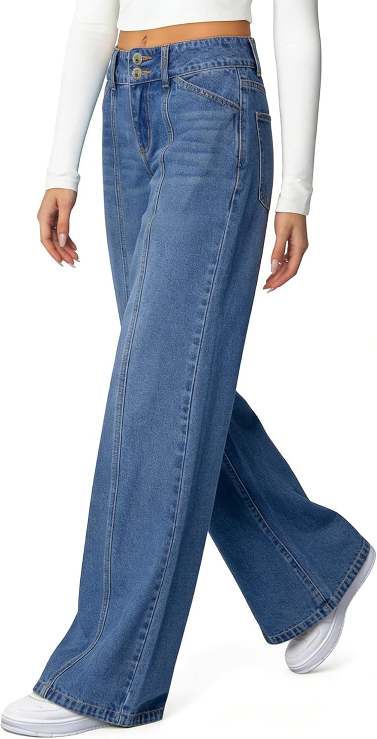 Women's Wide Leg Jeans High Waisted Stretchy Straight Leg Jeans Trendy Seamed Front Loose Fit Denim Pants