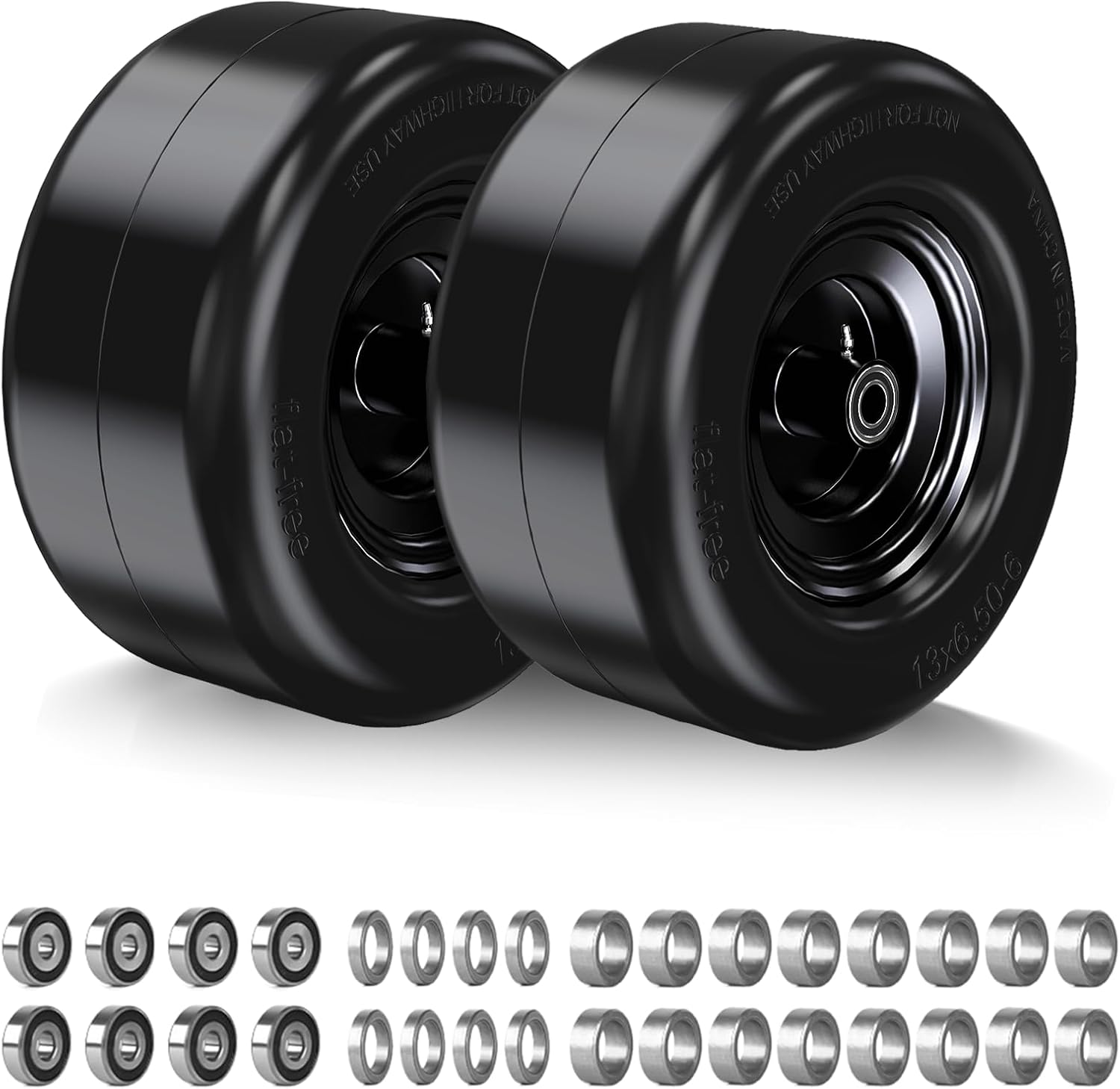 13x6.50-6 Flat Free Lawn Mower Tire and Wheel 2Pcs - 3/4"，5/8"，1/2" Bearing, 5.5"-9.4" Centered Hub, Smooth Tread for Zero Turn Garden Tractor Commercial Mower