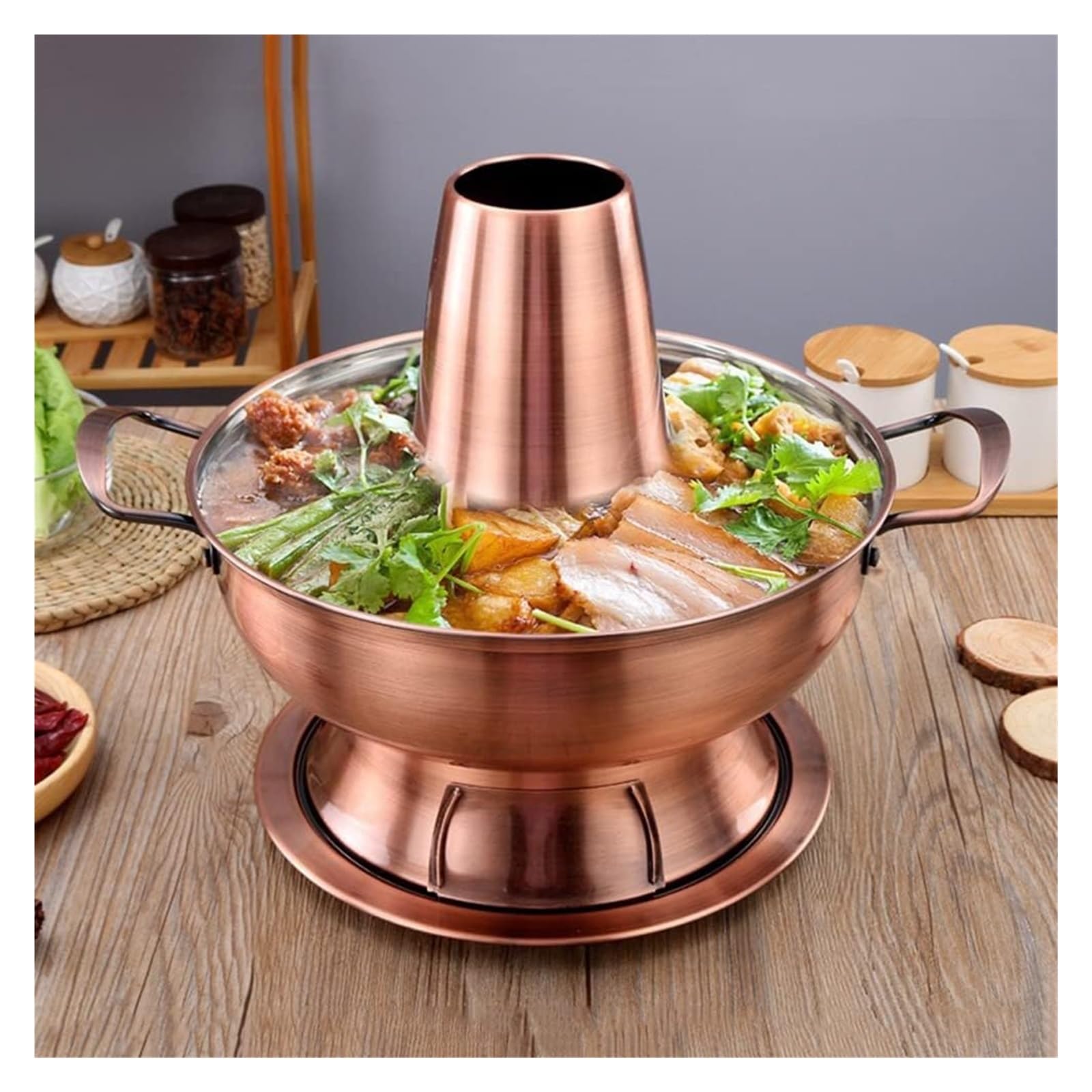 Pentola calda cinese in rame per fonduta, stile vintage shabu shabu, con manico, in acciaio inox, per zuppa cinese, pentola da cucina per casa, feste, ristorante, bronzo, rosso, rame, 28 cm