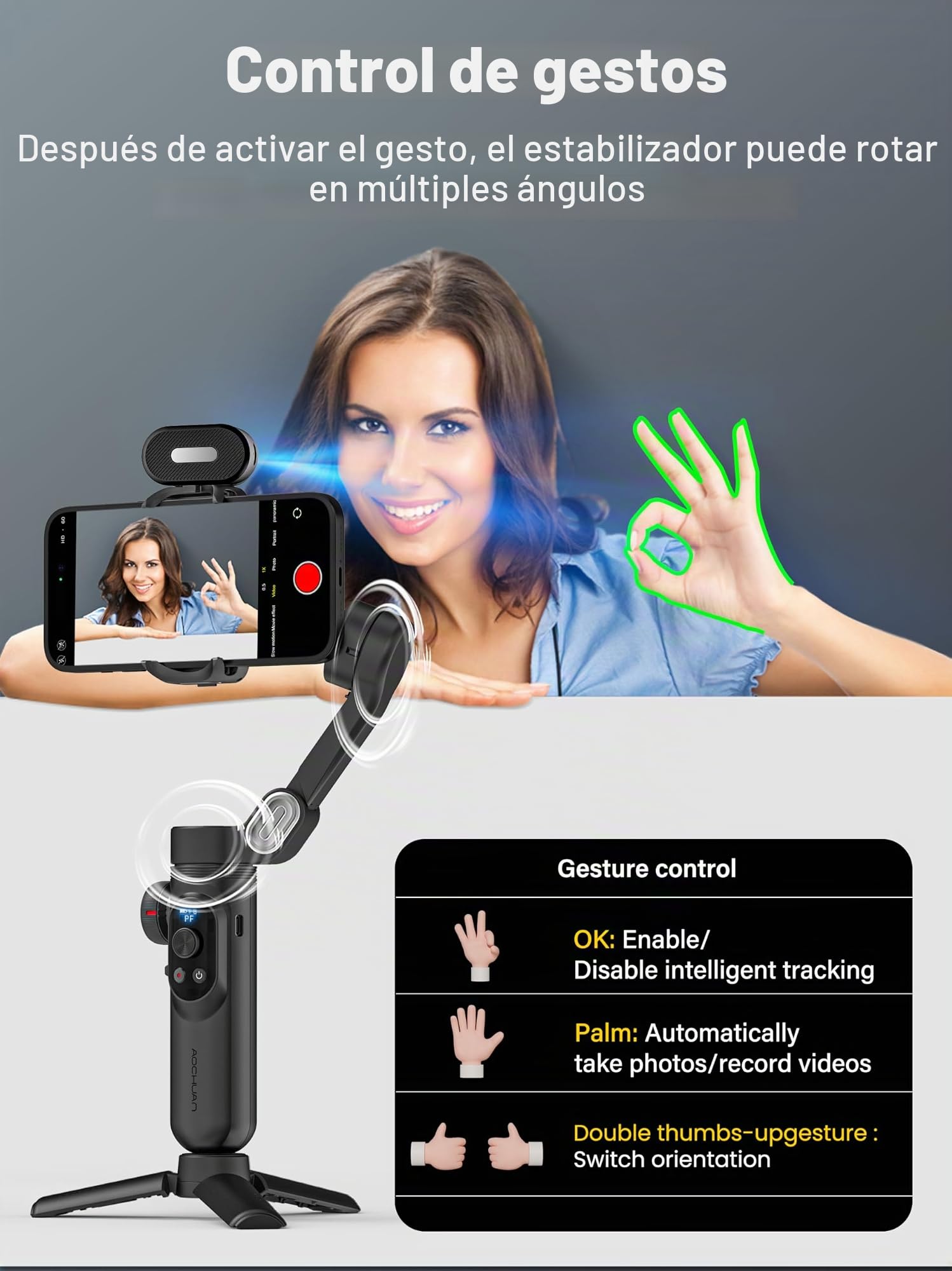 Estabilizador de cardán para smartphone, estabilizador de 3 ejes para iPhone y Android, sensor de seguimiento de IA (sin aplicación), cardán de teléfono con pantalla OLED/luz integrada, versión