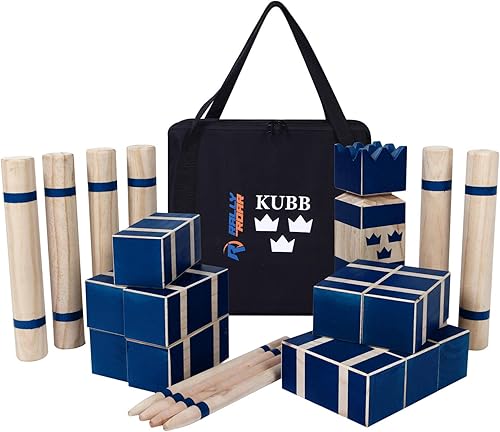 Kubb Premium Set juego de patio para adultos, familias, juegos divertidos e interactivos al aire libre, bloques de madera duraderos con bolsa de