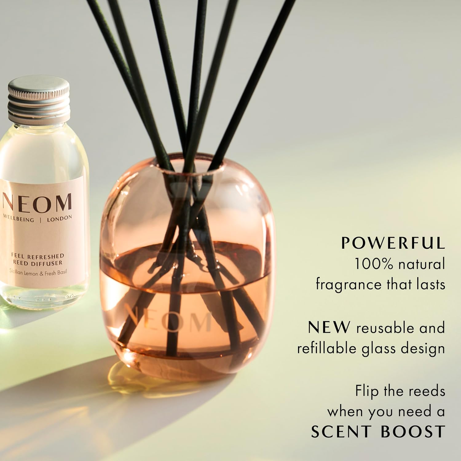 NEOM Feel Refreshed Reed Diffuser Refill, 100ml I Sicilian Lemon and Fresh Basil I 100% Natural fragrances for 12 Weeks I Pure Essential Oils I Energising