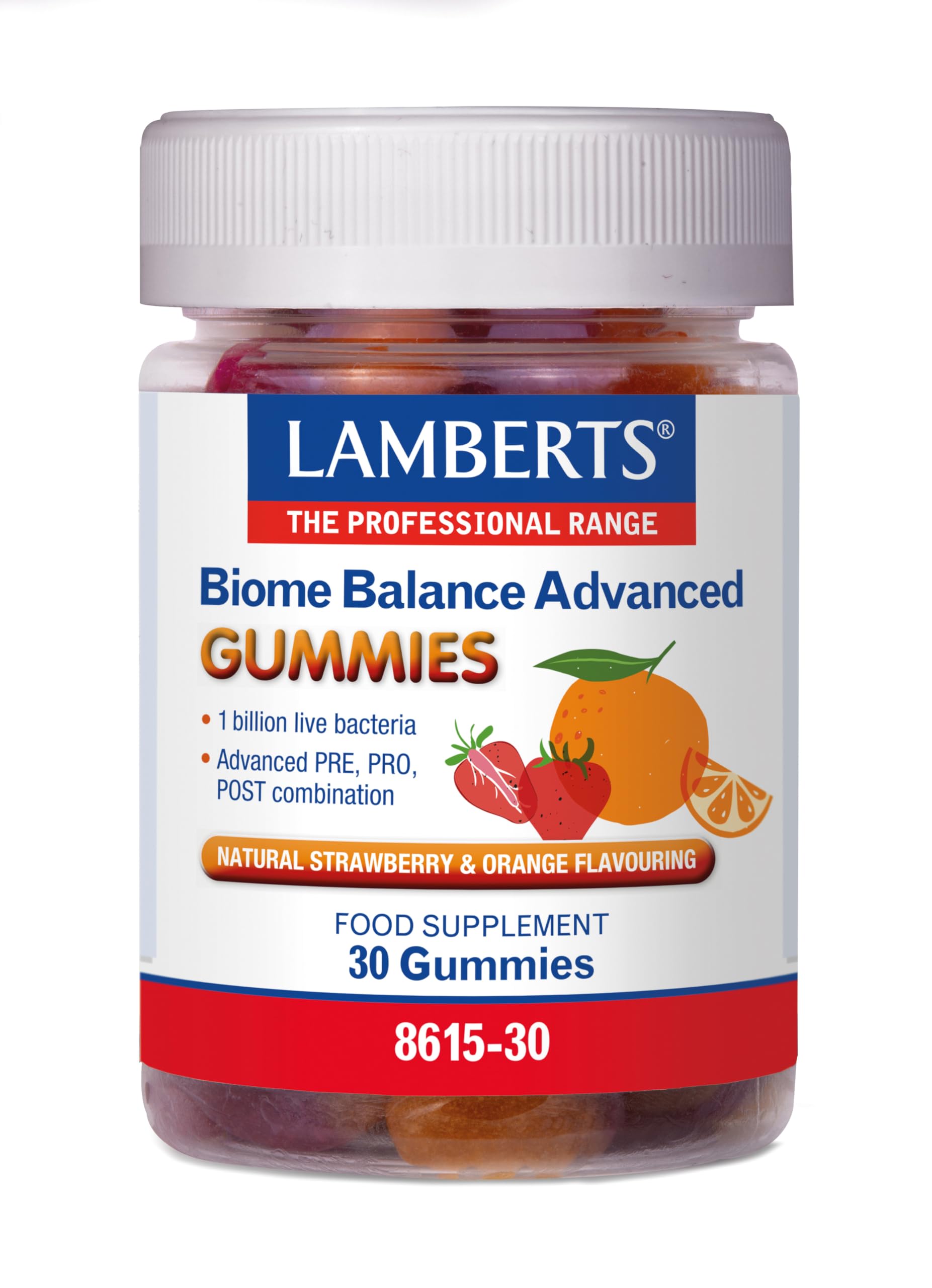Lamberts Naranja Biome Balance Advanced | 30 Gominolas | Apto Para Vegetarianos | Sin Gluten | Sin Ogm | Pre, Pro Y Post Biótica | Sabor Fresa Y | Sin Azúcares Añadidos | Calidad Farmacéutica Gmp