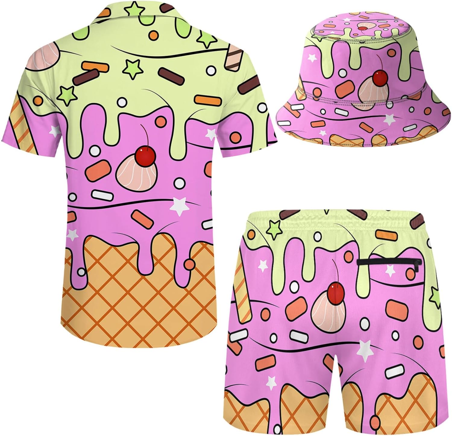 Mens 2 Piece Tracksuit Hawaiian Button Down Shirt and Compression Liner Shorts Sets with Bucket Hats