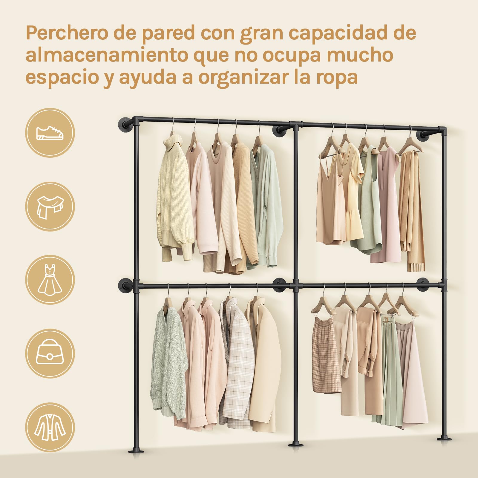 WOLTU Perchero de Pared Industrial, 4 Rieles para Colgar Ropa, Armario Abierto, Perchero Industrial de Tubos Metálicos, Barras Colgantes para Dormitorio y Vestidor, Negro, 193x36,5x187 cm