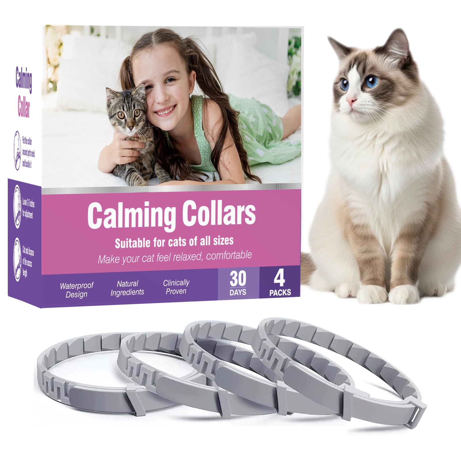 Calming Collar for Cats 4 Pack Soothing Cat Collars Stress Relief Anxiety Pheromone Collar for Cat Relaxing Pet Calm Bands Adjustable Comfort Cats Calming Straps Lasts 30 Days Feline Calming Product