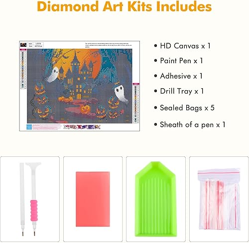 Miniatura 5 de MOGTAA Kits de pintura de diamantes de Halloween para adultos, kit de pintura de diamantes de castillo de calabaza de taladro completo, kits de arte