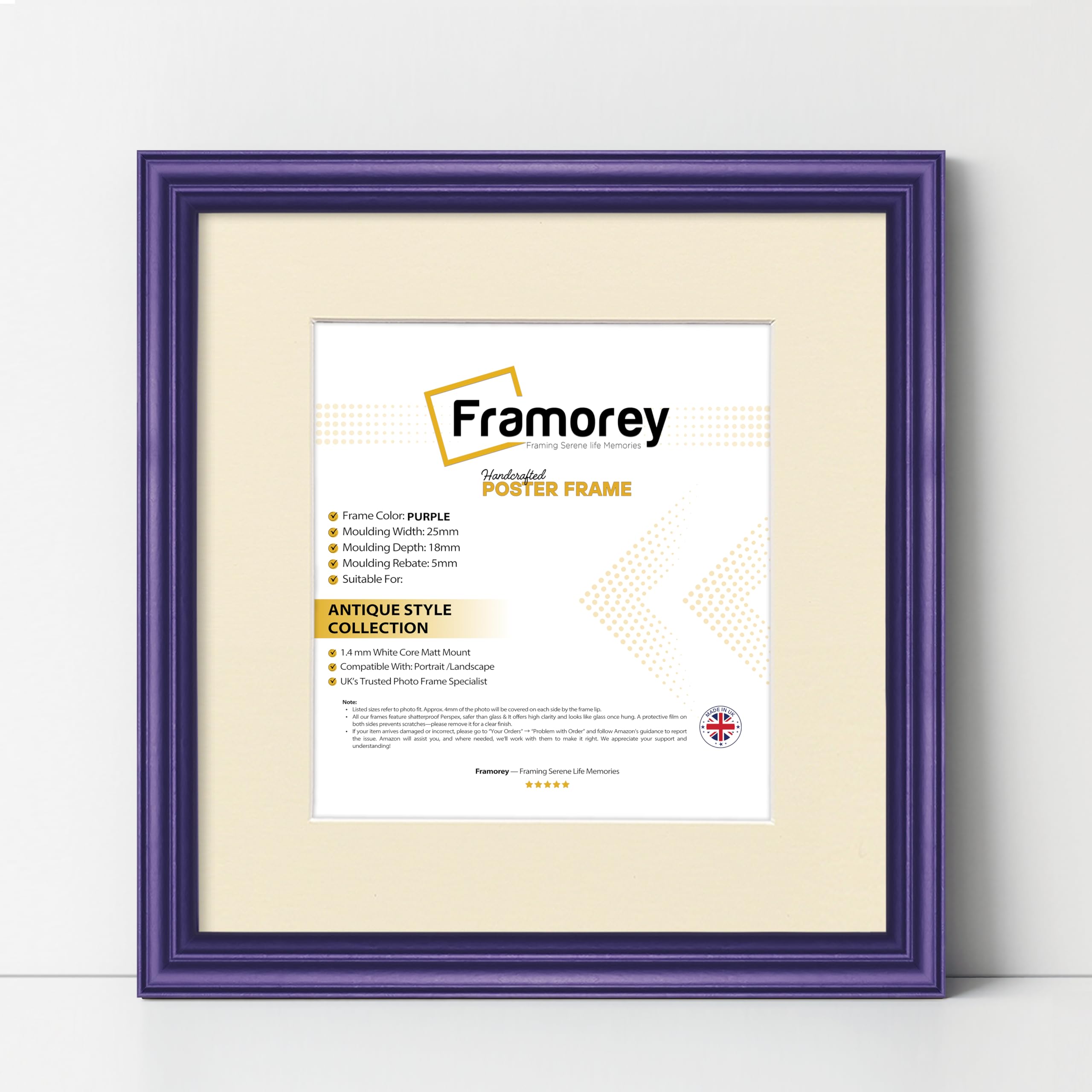 Framorey Framing Serene Life Memories Purple With Ivory Mount Framorey Square Photo Frames, 10X10" Size Purple Picture Frame With 8X8" Size Ivory Mount, Lw Antique Style Home Wall Decor Frames, Wall Hanging Art Poster Frames, Mdf Wood Frames