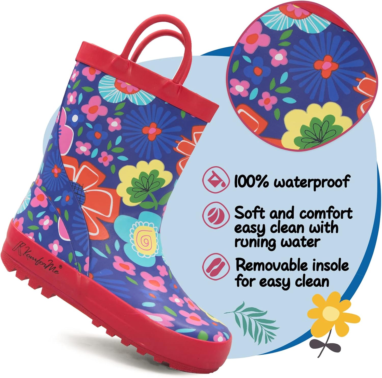 K KomForme Kids Rain Boots Waterproof Printed Rubber boots with Handles 9 Toddler Spring