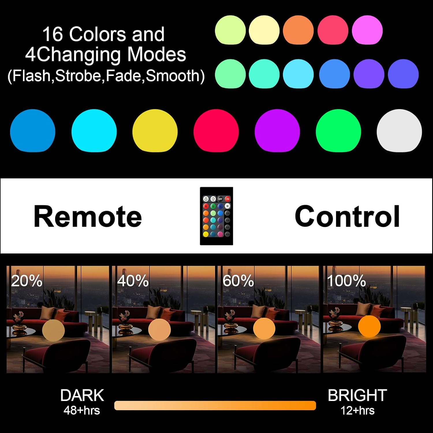 8-Inch Rechargeable LED Orb Light – 16 Color Glow Sphere, 4 Modes, Waterproof Ambient Lighting Ball, Solar & USB Charging Glowing Orb for Indoor, Outdoor, Pool, Room, and Patio Decor