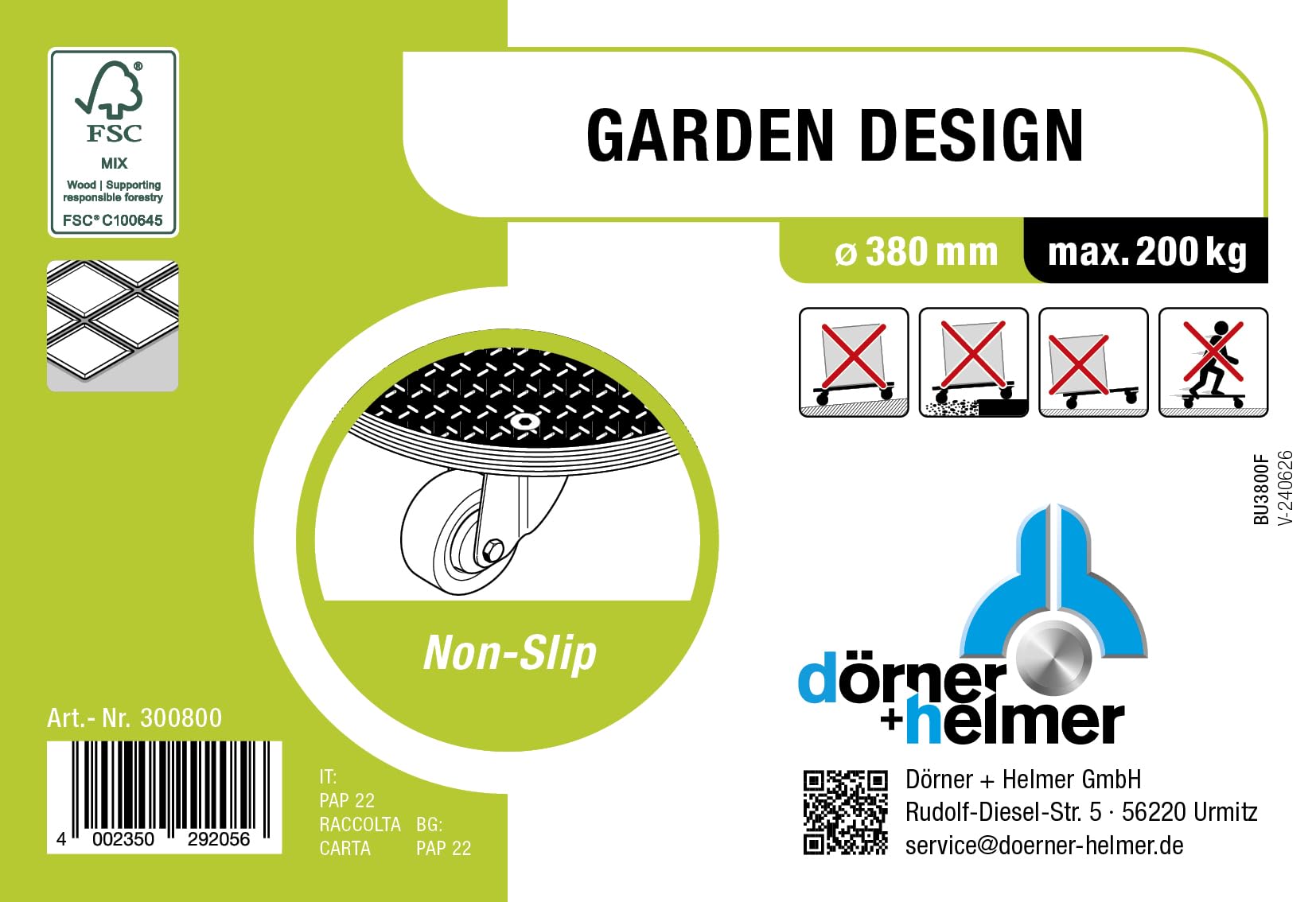 Dörner + Helmer Transportroller Garden Design, Rund, 380mm x 80mm, 200kg Tragkraft, Kunststoffräder, Pflanzenroller für Draußen