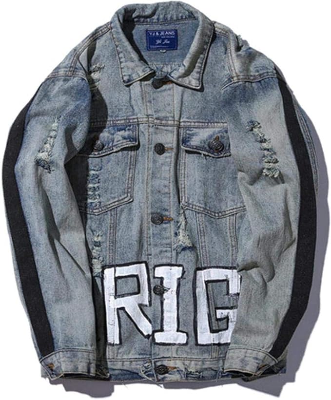 Hip Hop Handprinted Denim Jacket Men Destroyed Hole Oversized Blue