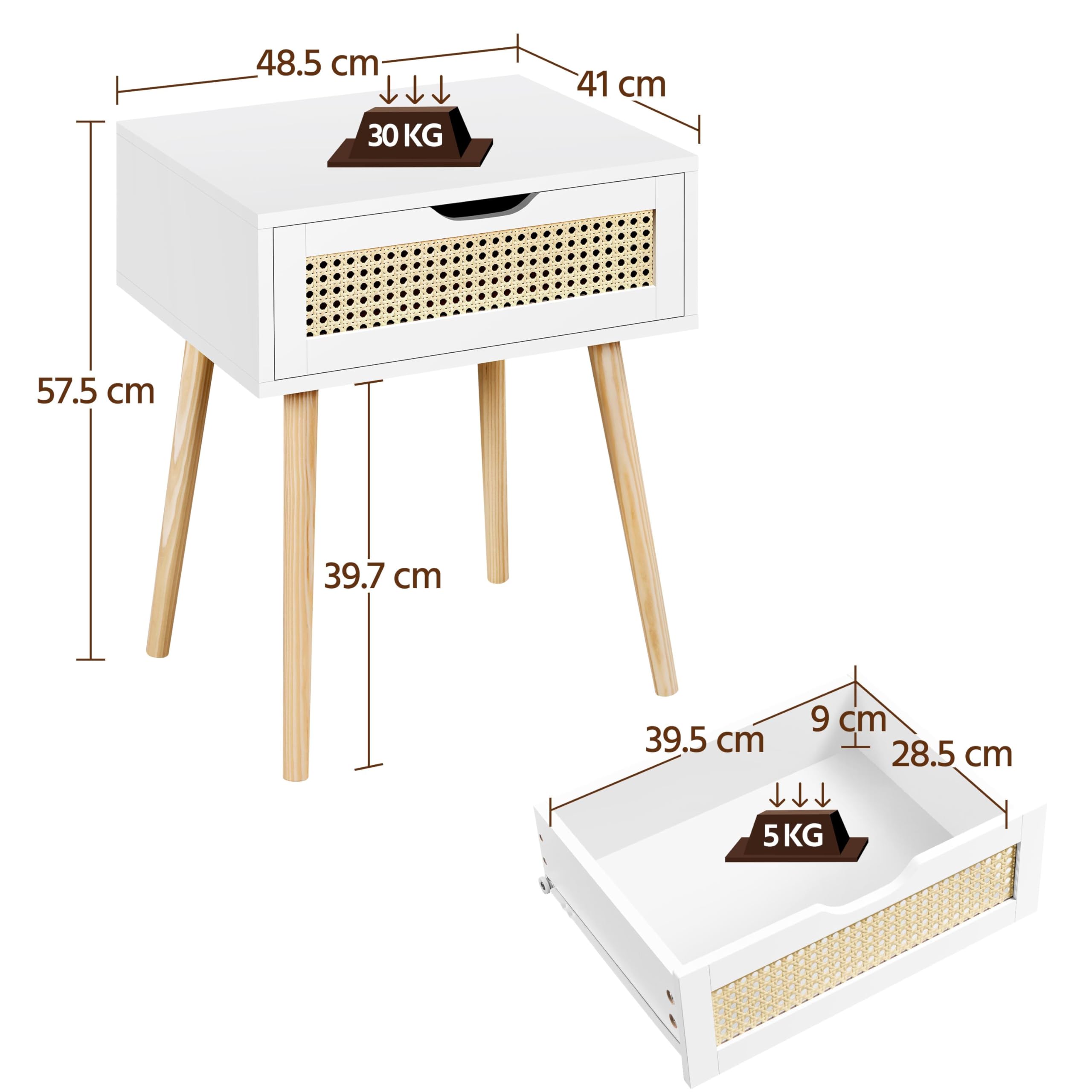 Yaheetech Set 2 Comodini Camera da Letto Comodino con Cassetto in Rattan Gambe in Legno Mobiletto Organizzatore da Letto Tavolini d'Appoggio 48,3 x 40,7 x 57,7 cm Bianco