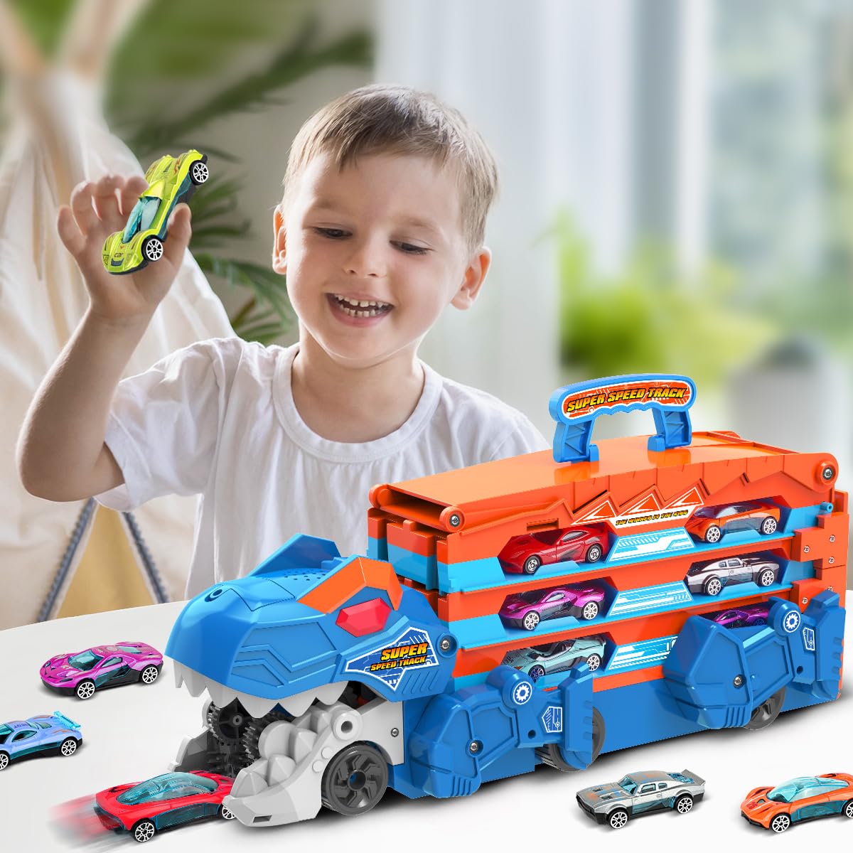 TERRAMUS Camion de transport Dinosaure - Jeu de jouets de voiture 3 en 1 avec éjection, piste pliante portable pour enfants avec 8 voitures de course, jeu de jouets de voiture portable pour enfants