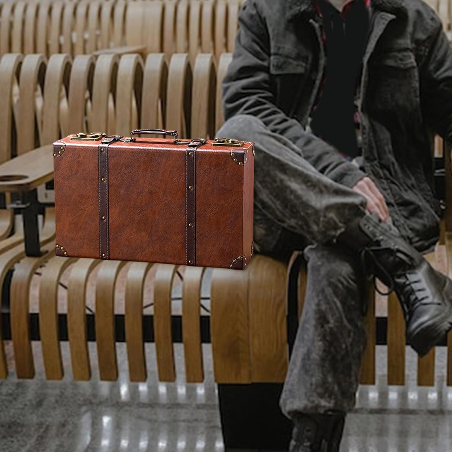 装飾レザーハンドル木製荷物ケース 映画小道具 ホームスタイリング ウェディングアクセサリー 木製ヴィンテージスーツケース アンティー