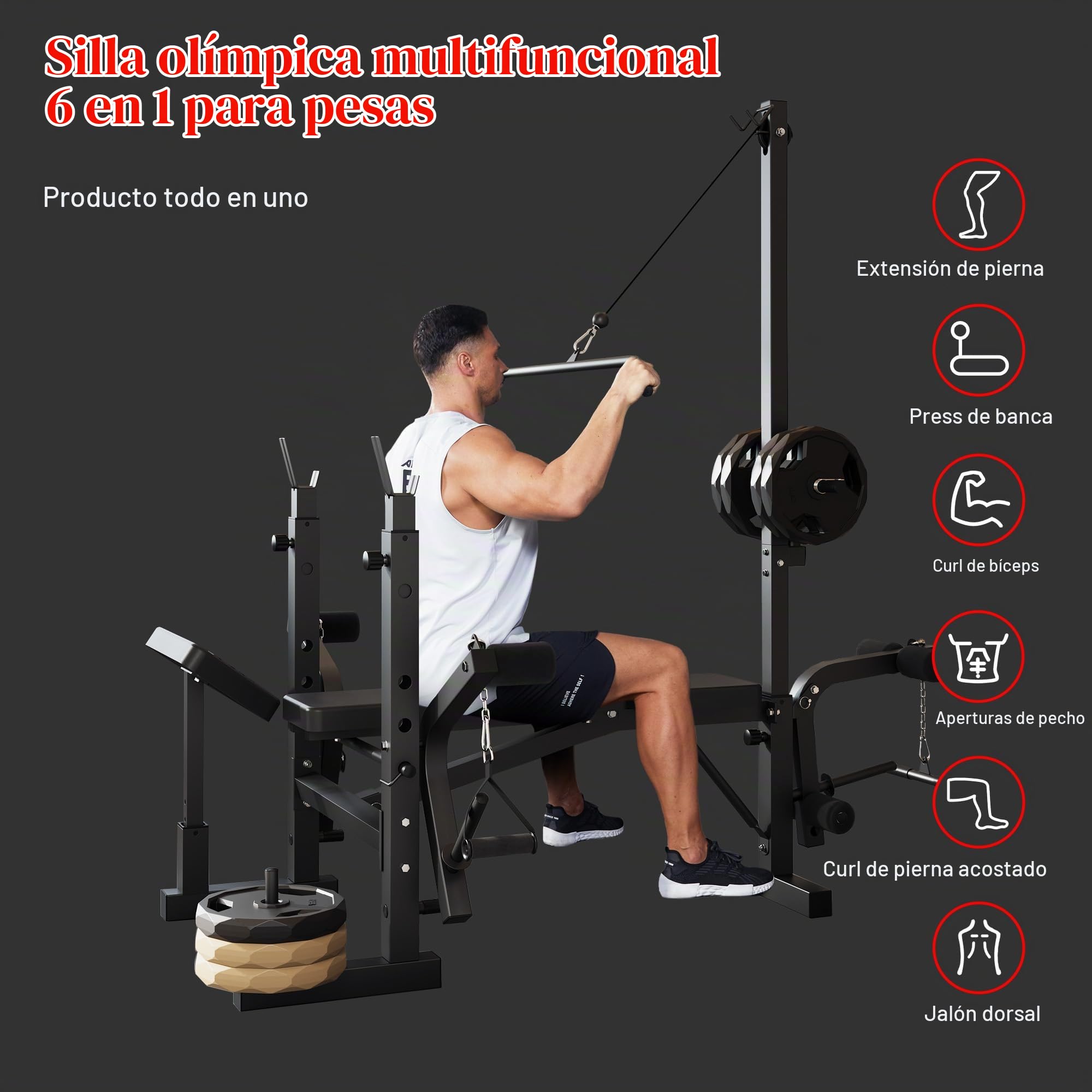 Banco De Pesas Ajustable 4 En 1 Para Gimnasio En Casa - Con Rack Para Barra, Extensión De Piernas, Pad Rizo Predicador y Articulación Mariposa - Plegable y Soporta 900 Lb Para Entrenamiento Completo