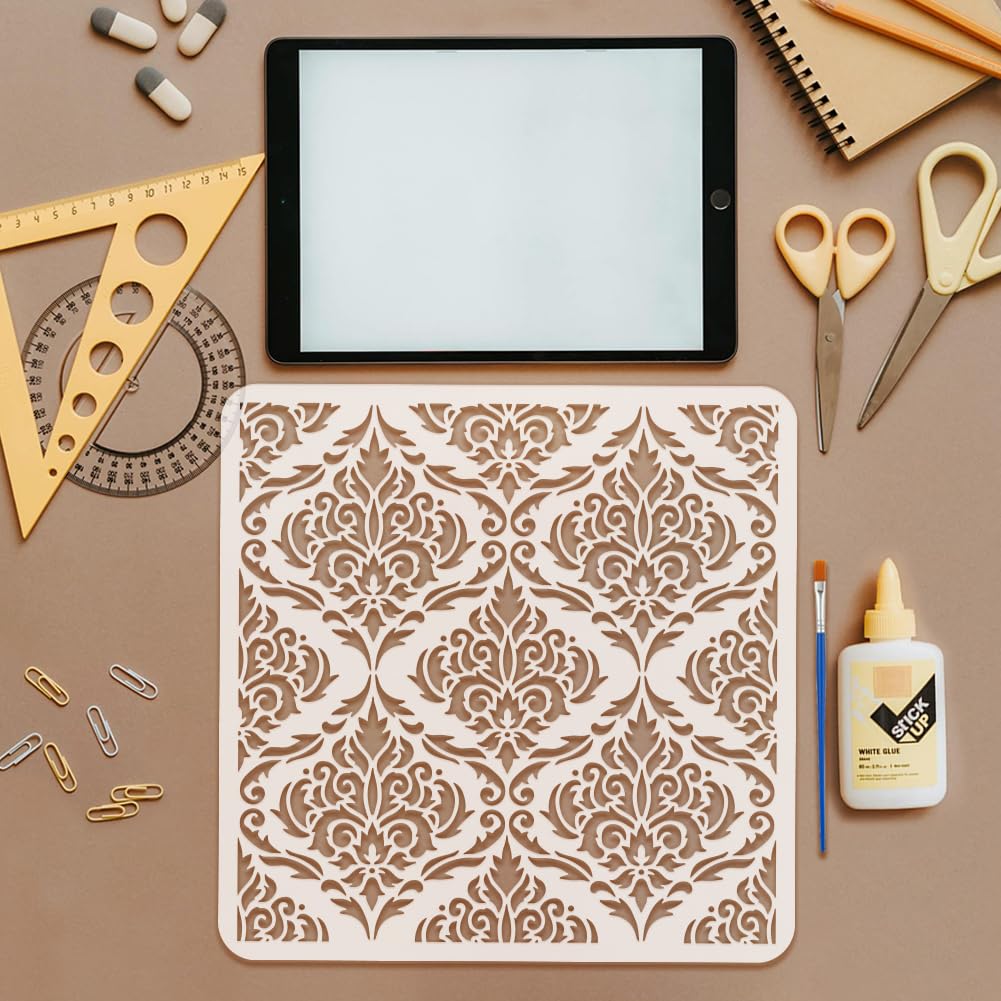FINGERINSPIRE 9 Pcs Damask Painting Stencil with Brush 30x30cm Mandala Flower Drawing Template Flower Corner Border Pattern DIY Decoration Stencil for Painting on Wood Wall Fabric Furniture - Image 3