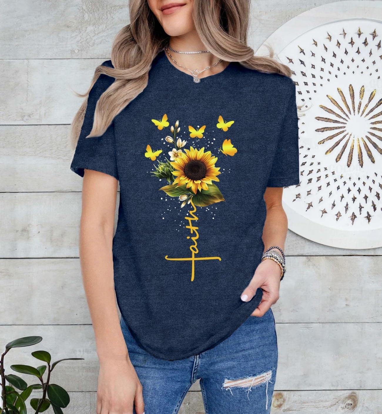 Womens Christian Shirts Faith Cross Sunflower Butterfly T-Shirt Bible Verse Religious Tee Tops - Image 2