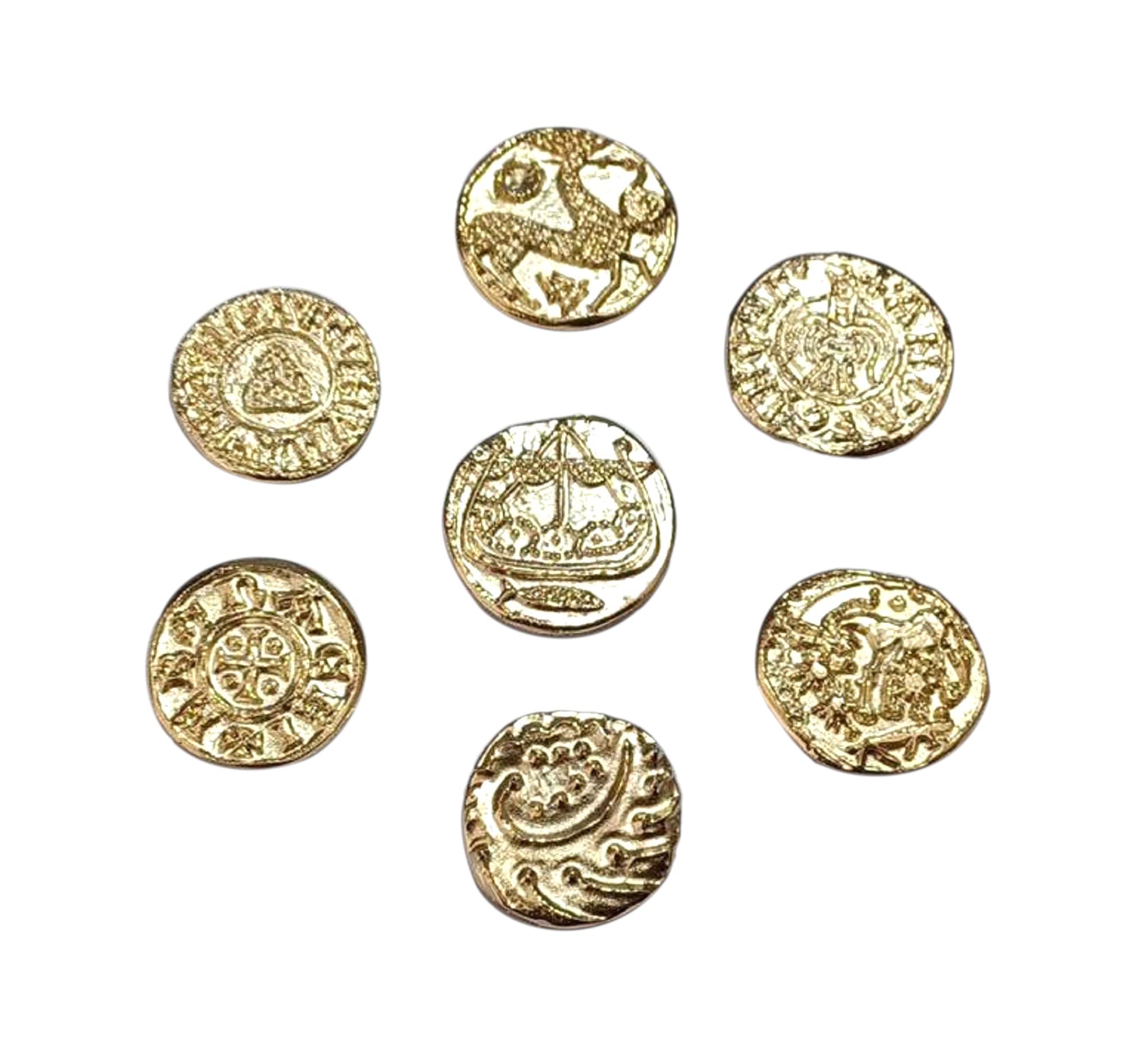 Viking coins gold plated. Original gift gadget idea for fans, Cosplay, Fantasy. Set 7 replica coinage treasure of the Vikings-Artisanal reproduction