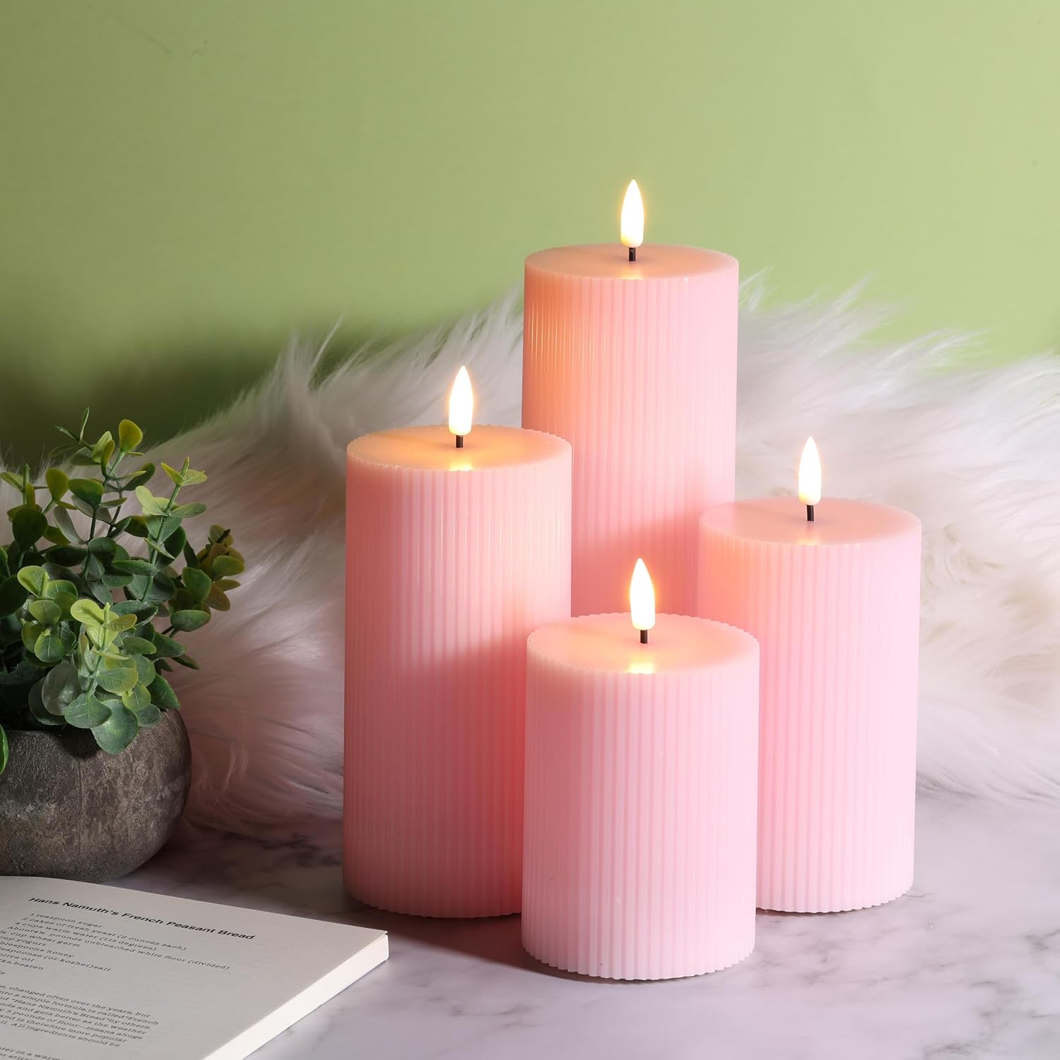 Pink Ribbed Flameless Pillar Candles with Remote, Flat Top Flickering LED Wax Battery Candles Set of 4, Φ 3" H 4" 5" 6" 8"