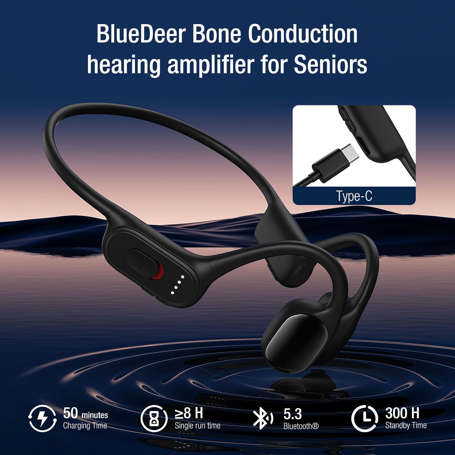 Blue Deer Bone Conduction Personal Sound Hearing Amplifier & Headphones for Seniors Adults - Bluetooth (BT) 5.3, Ultra Lightweight, Easy to Operation, 5-Level Memory Volume, IPX5 Water-resistant-Black