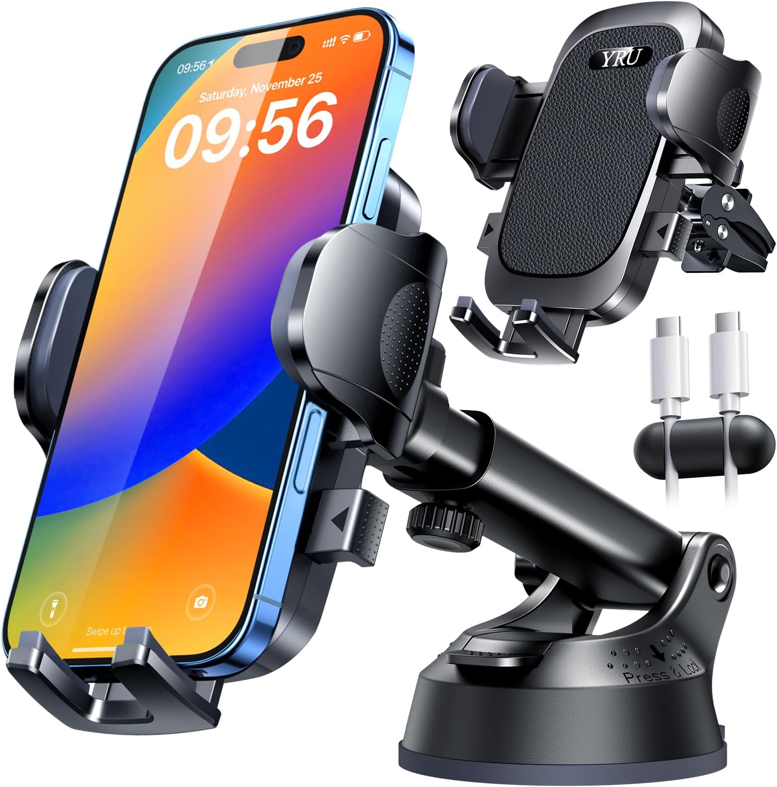 - YRU [True Upgrade for Safety] Car Phone Holder Mount [Patent & Military-Grade] Dashboard Cell Phone Holder for Car Vent Windshield Phone Stand for iPhone 17 16 15 14 13 Pro Max Truck Samsung, Black