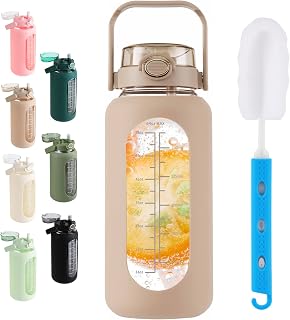 SIEROZUR 64oz Glass Water Bottle with Straw and Handle Lid Half Gallon Motivational Glass Bottle with Silicone Sleeve and Time Marker Large Reusable Sports Water Jug for Gym Home Workout
