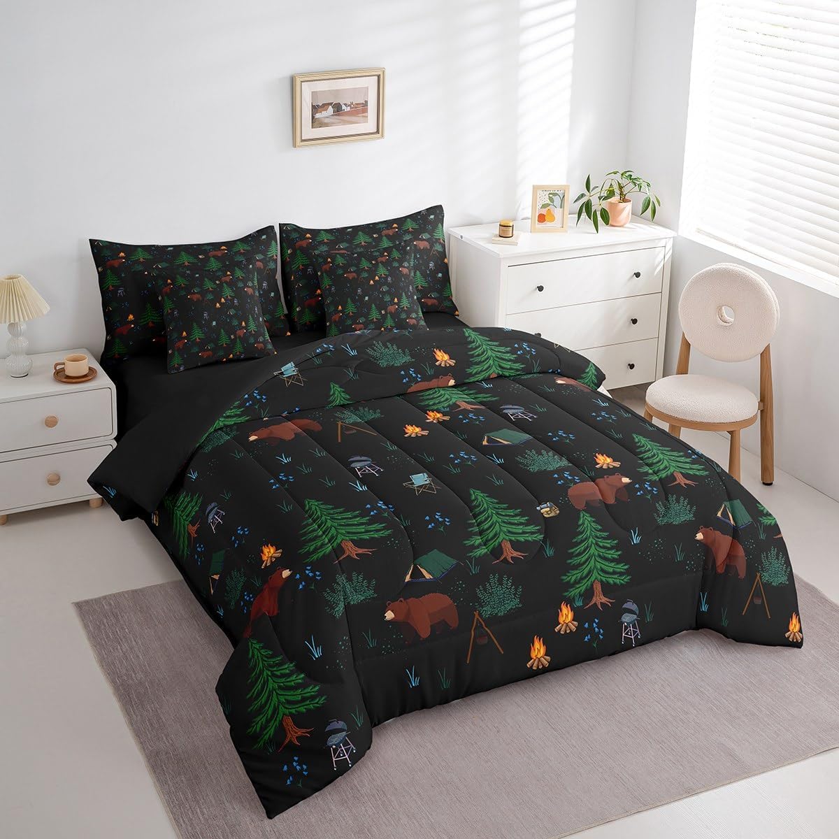 Erosebridal Hunting Bear 7 Piece Comforter Set Full Bed in a Bag,Happy Camping Bedding Set for Kids,Camper Theme Down Comforter,Pine Tree Woodland Sheet Set,Wild Animals Quilt Bedroom Decor,Black