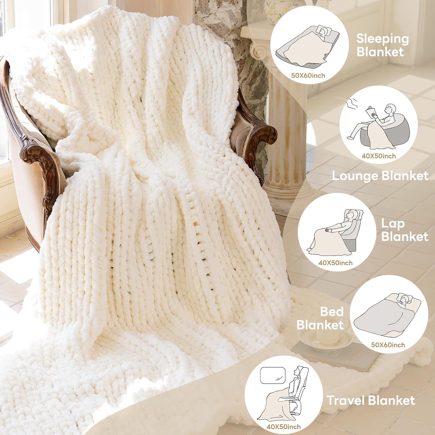 Chunky Knit Blanket - Luxury Soft Cozy 80 * 90 Throw Blanket,100% Woven Blanket Rope Knot Throw Blanket for Couch, Sofa, Home Decor, Gift - Machine Washable (Ivory White, 80 * 90) - Image 4
