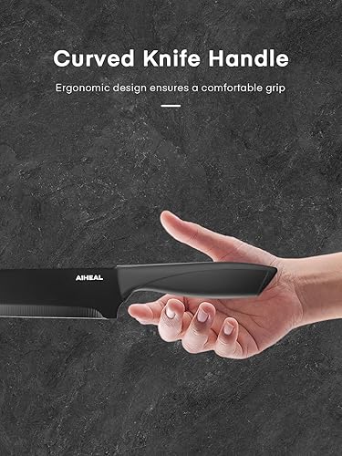 Miniatura 4 de Juego de cuchillos de cocina de acero inoxidable de alto carbono, negro con revestimiento antiadherente, sin óxido y súper afilado, con soporte